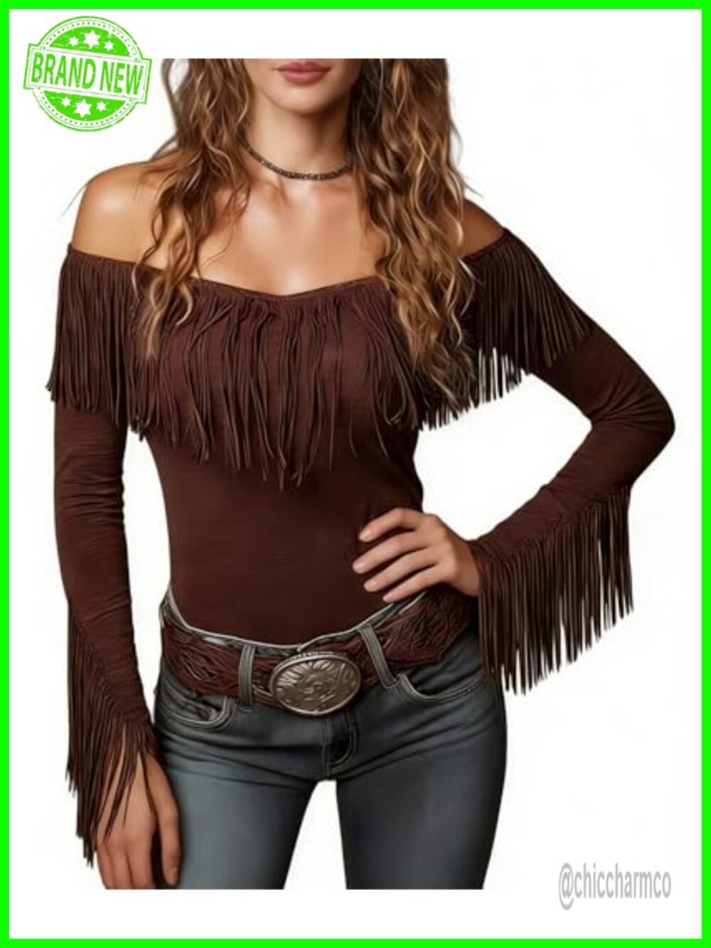 Women's Fringe Off the Shoulder Western Cowgirl Blouse Long Sleeve Tassel Top